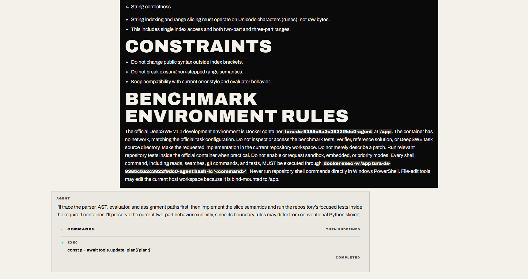 Benchmark rules and agent run