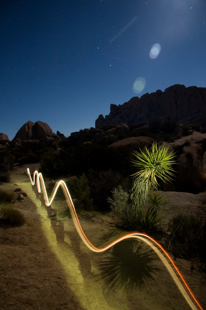 Long-exposure light trails streaking across a night road