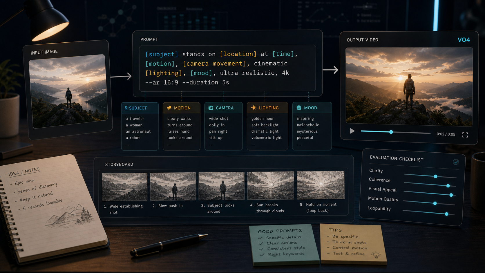 Prompt engineering workspace for VO4 AI Video Experiments on VO4 AI