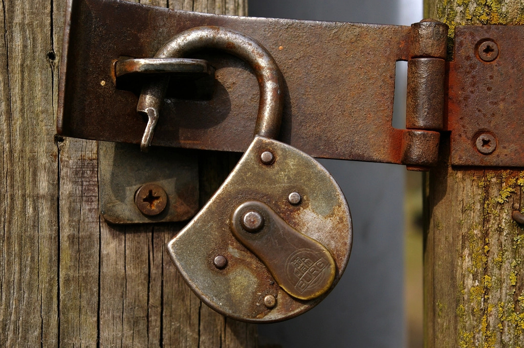 An open padlock hanging from a latch on a wooden door