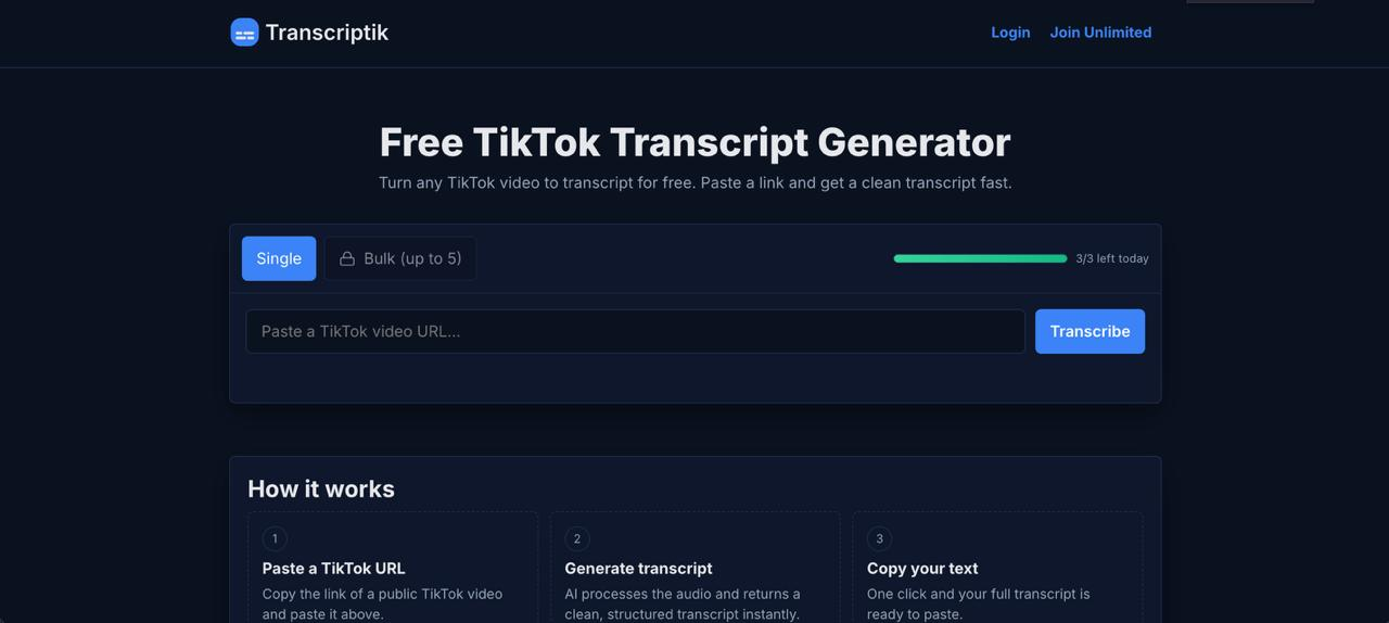 Cover image for Transcriptik: AI-Powered TikTok Transcript Generator
