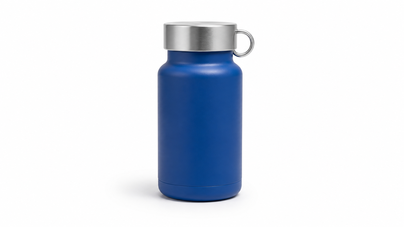 Reference input for Prompt 6: a matte cobalt-blue bottle with a brushed-silver loop cap on a white background