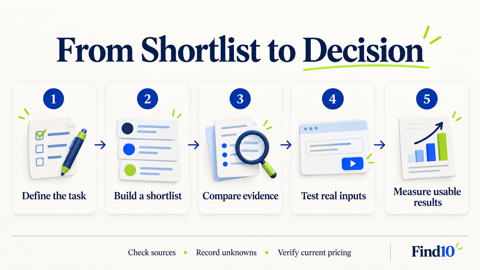 Five steps to compare AI tools: define the task, shortlist, compare evidence, test inputs, and measure usable results.