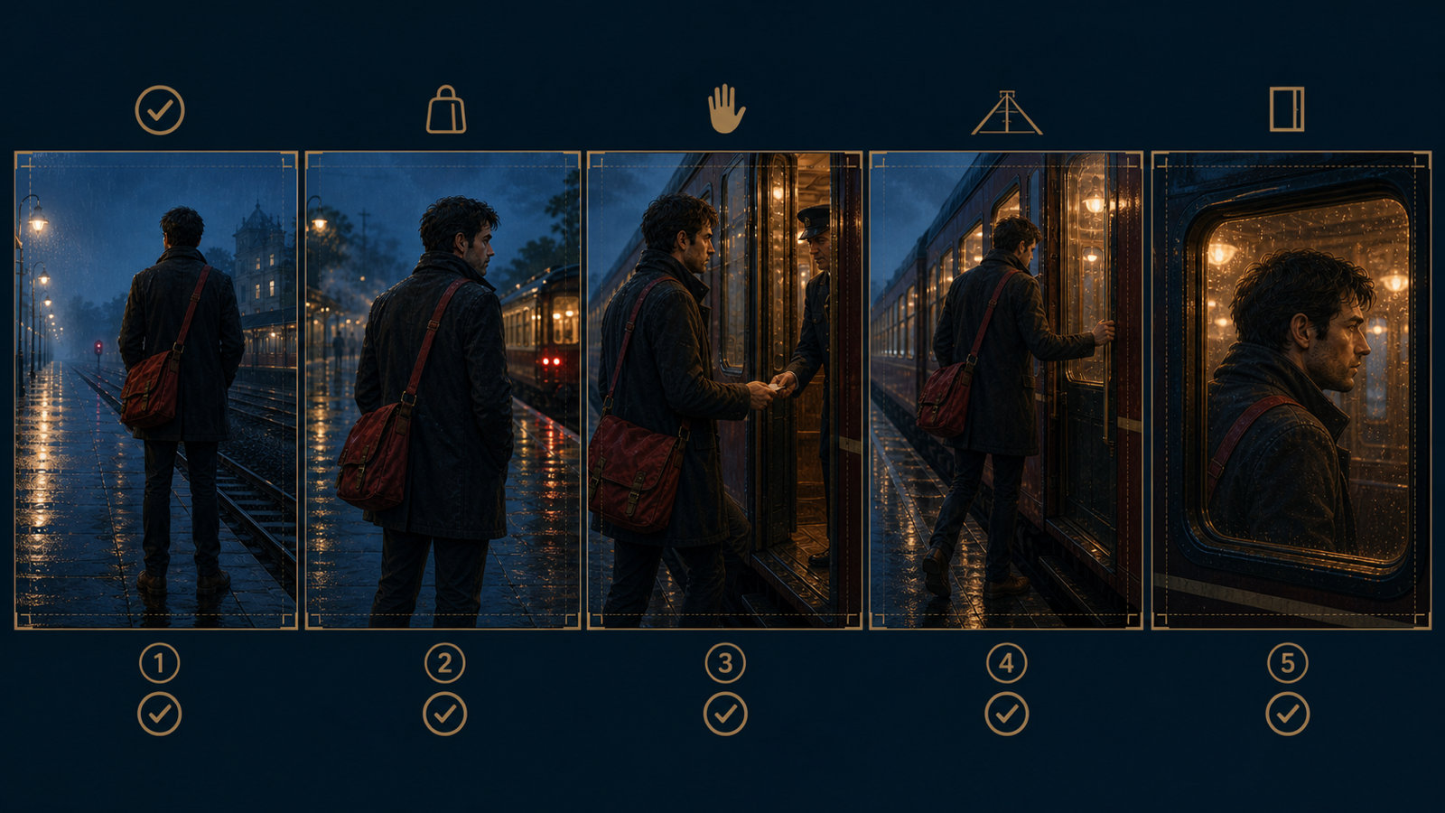 Final continuity review of five cinematic storyboard frames