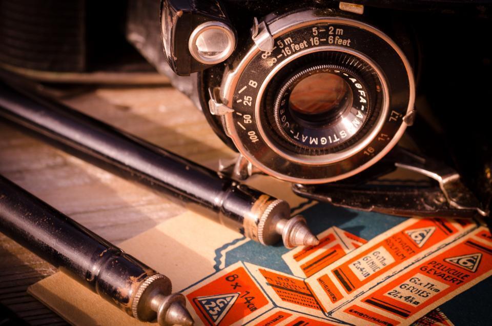 Close-up of a vintage film camera lens