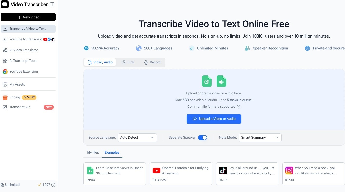 Transcribe Video to Text - Free AI Video & Audio Transcription Tool Online, Unlimited & No Sign-up | Video Transcriber AI