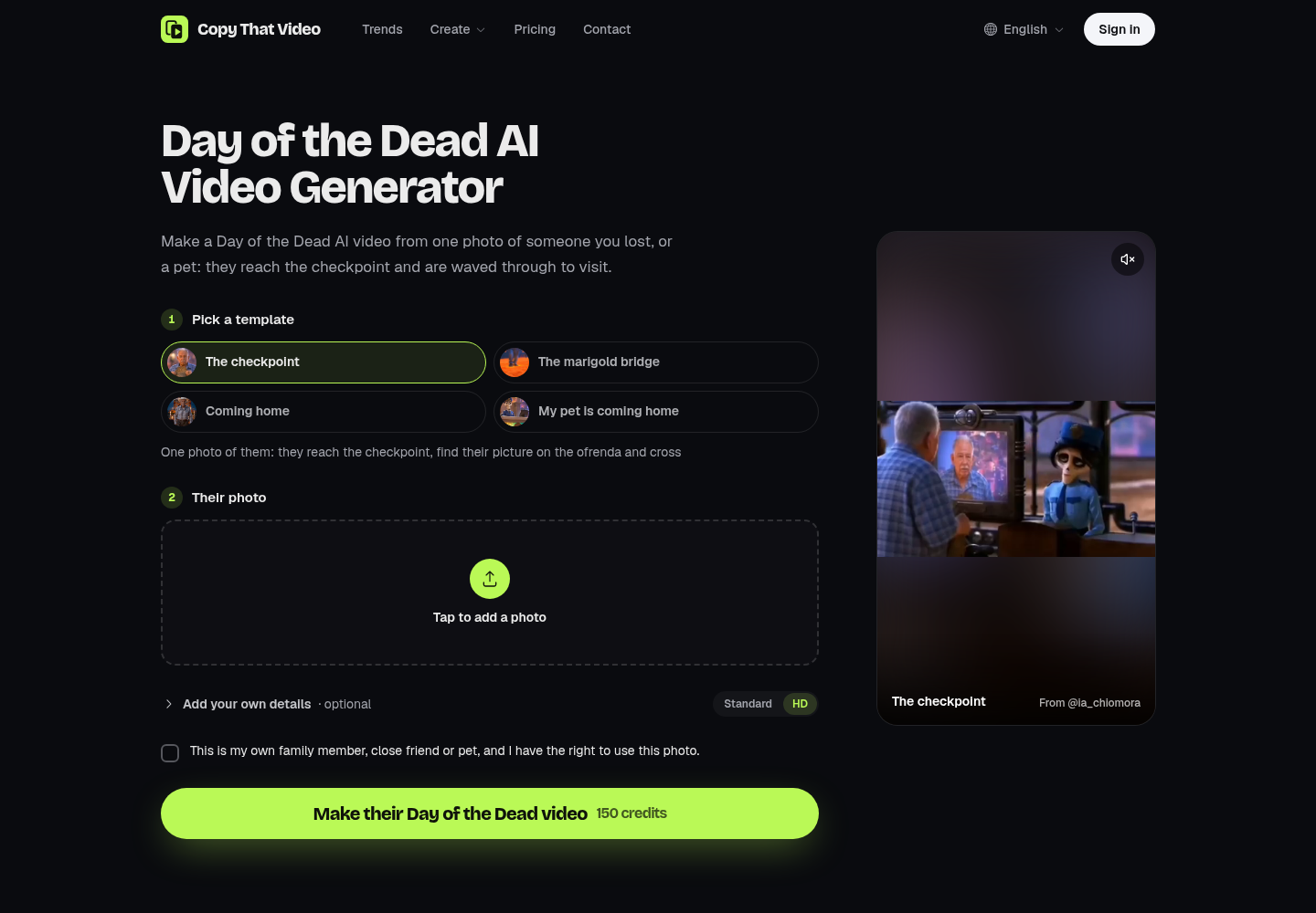 The Day of the Dead AI generator: four templates, one photo slot, an optional