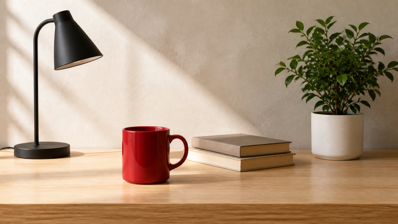 Reference input for Prompt 5: a red ceramic mug on a sunlit wooden desk beside a black lamp, two books, and a potted plant