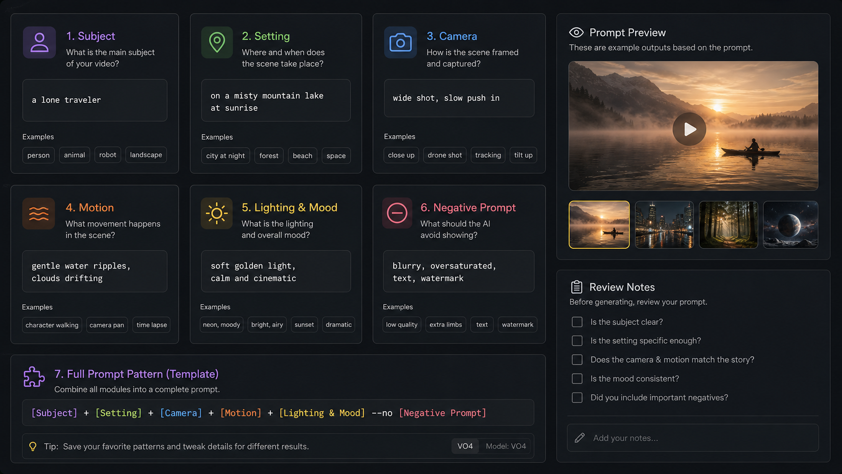Reusable prompt cards for subjext, motion, camera, constraints, and review on VO4 AI
