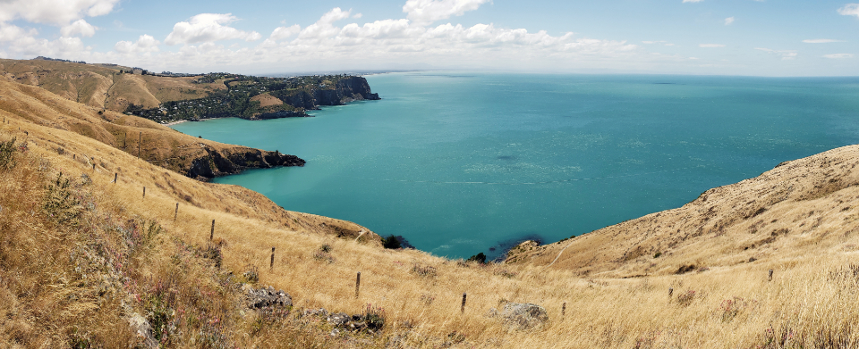 A grassy coastal cliff edge above deep blue sea and a bright horizon